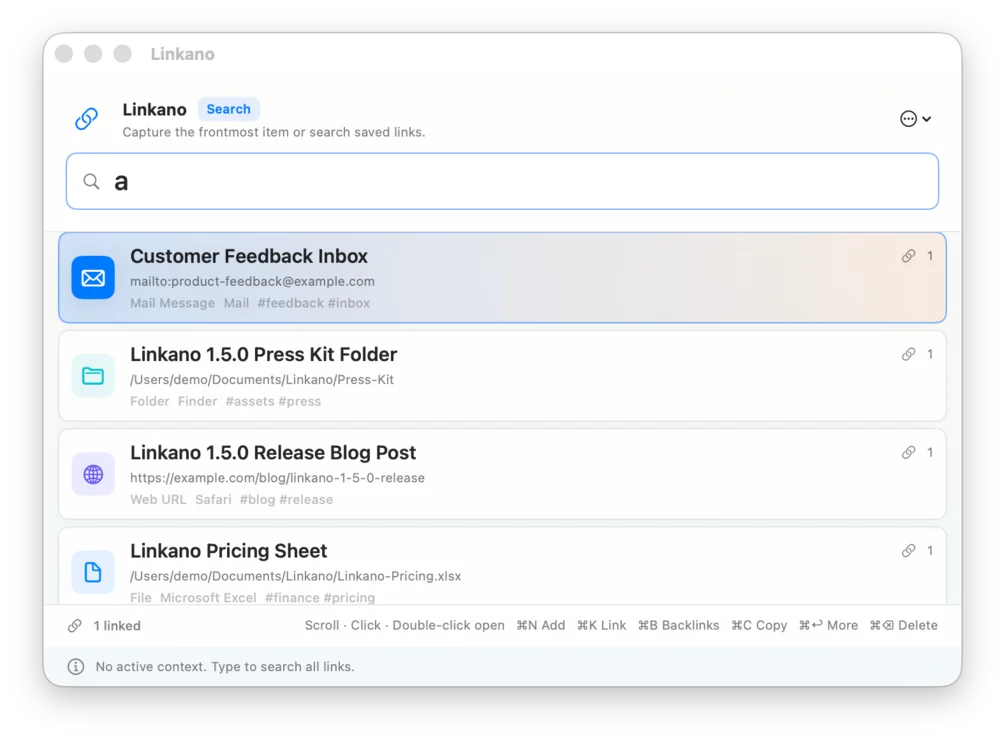 Linkano quick panel searching saved links across Mail, Finder, Safari, and Excel
