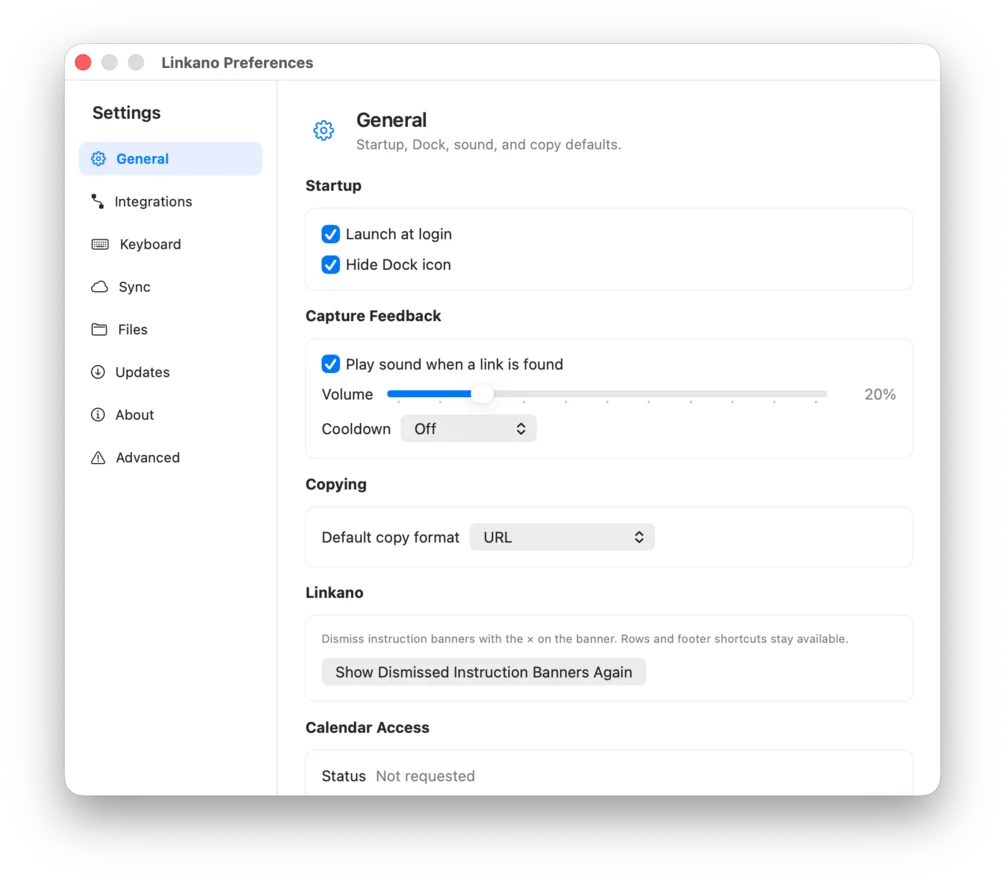Linkano General settings for startup, capture feedback, and copy defaults